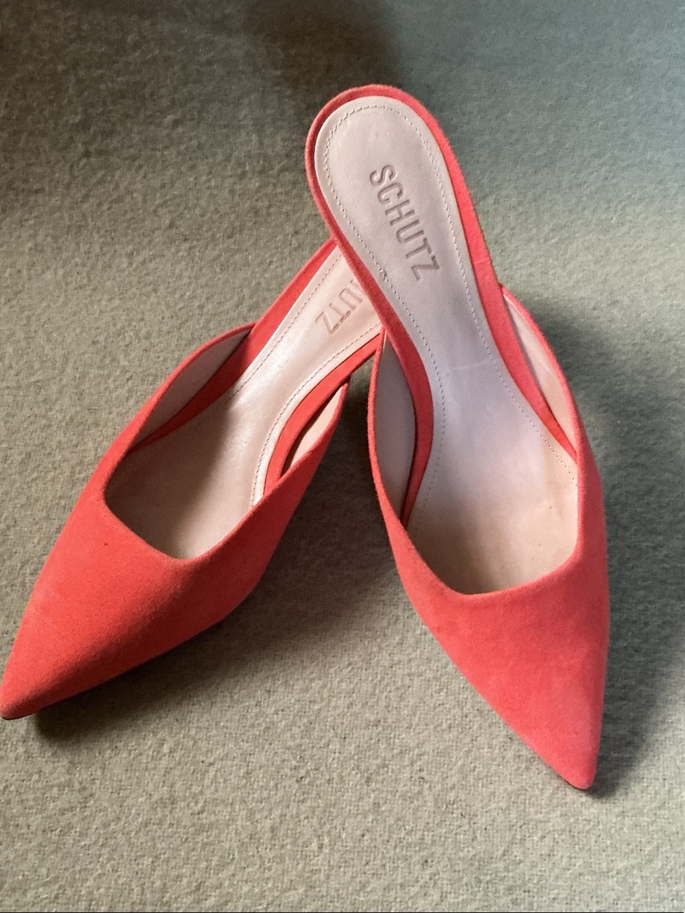SCHUTZ Coral-Red Suede Pointed Mules